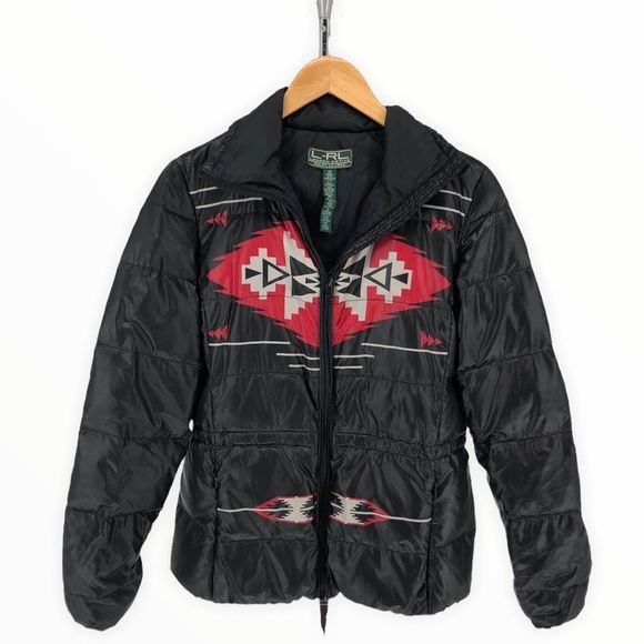 Ralph Lauren Active Black Puffer Jacket Zip Front Long Sleeve Aztec size XS - Picture 1 of 16